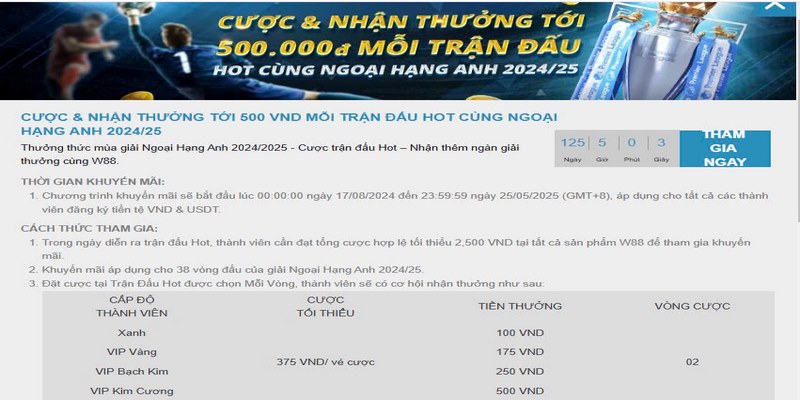 Cược cùng Ngoại Hạng Anh nhận khuyến mãi W88 lên đến 500 VND