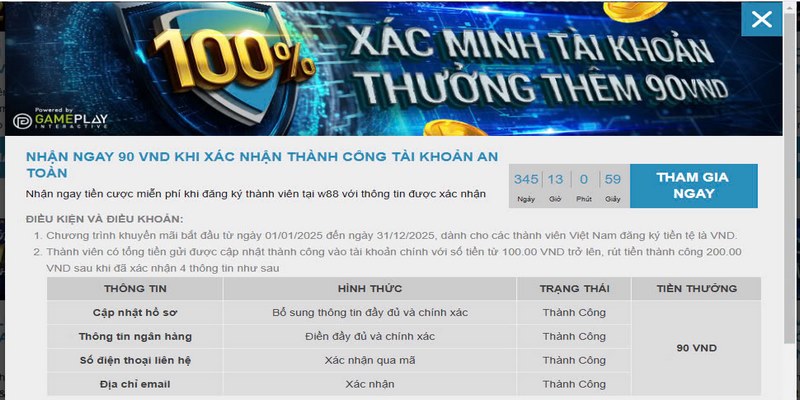 Khuyến mãi W88 tặng thưởng lên đến 90 VND cho thành viên mới